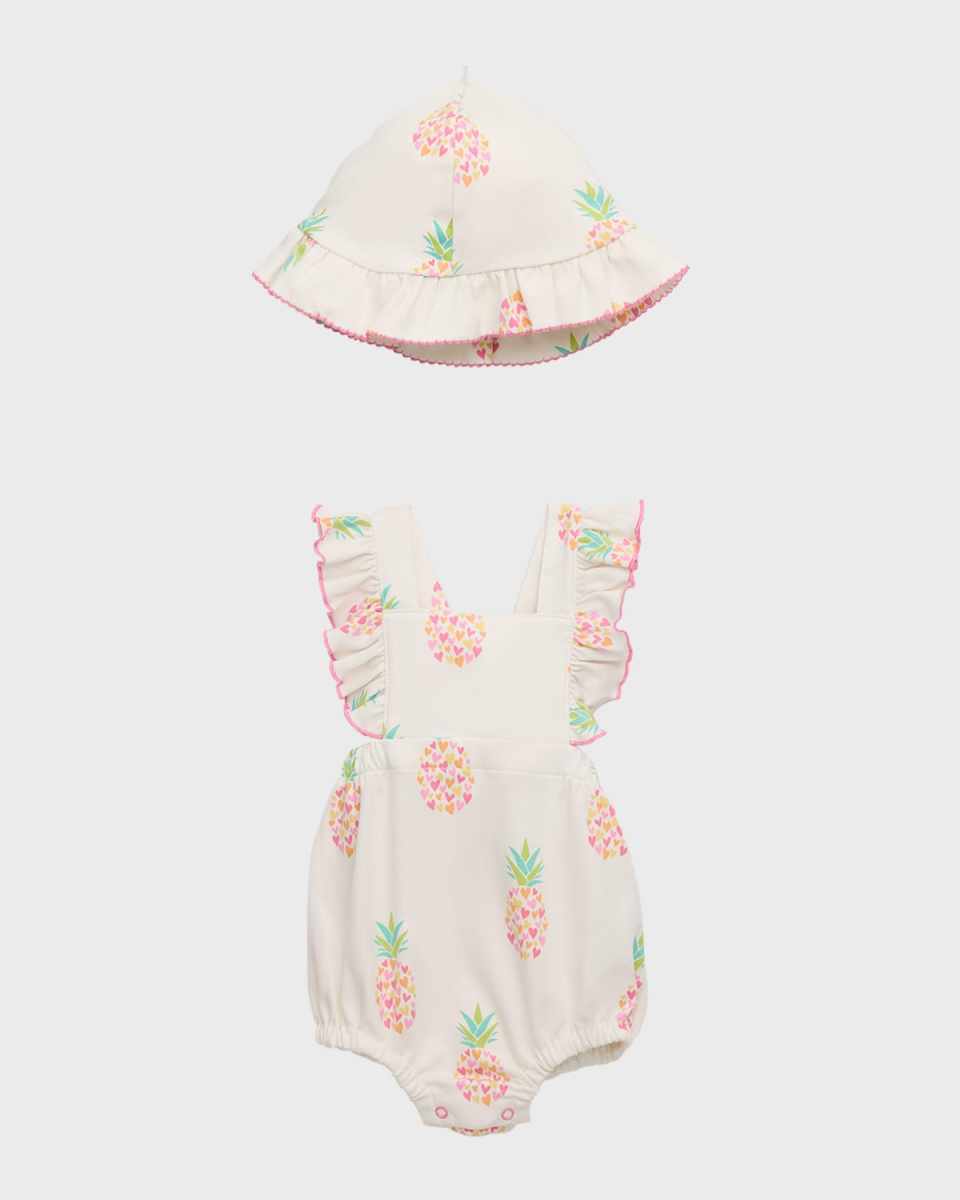 Girl's Kissy Love Fancy Pineapples Romper and Hat Set, Size 3M-18